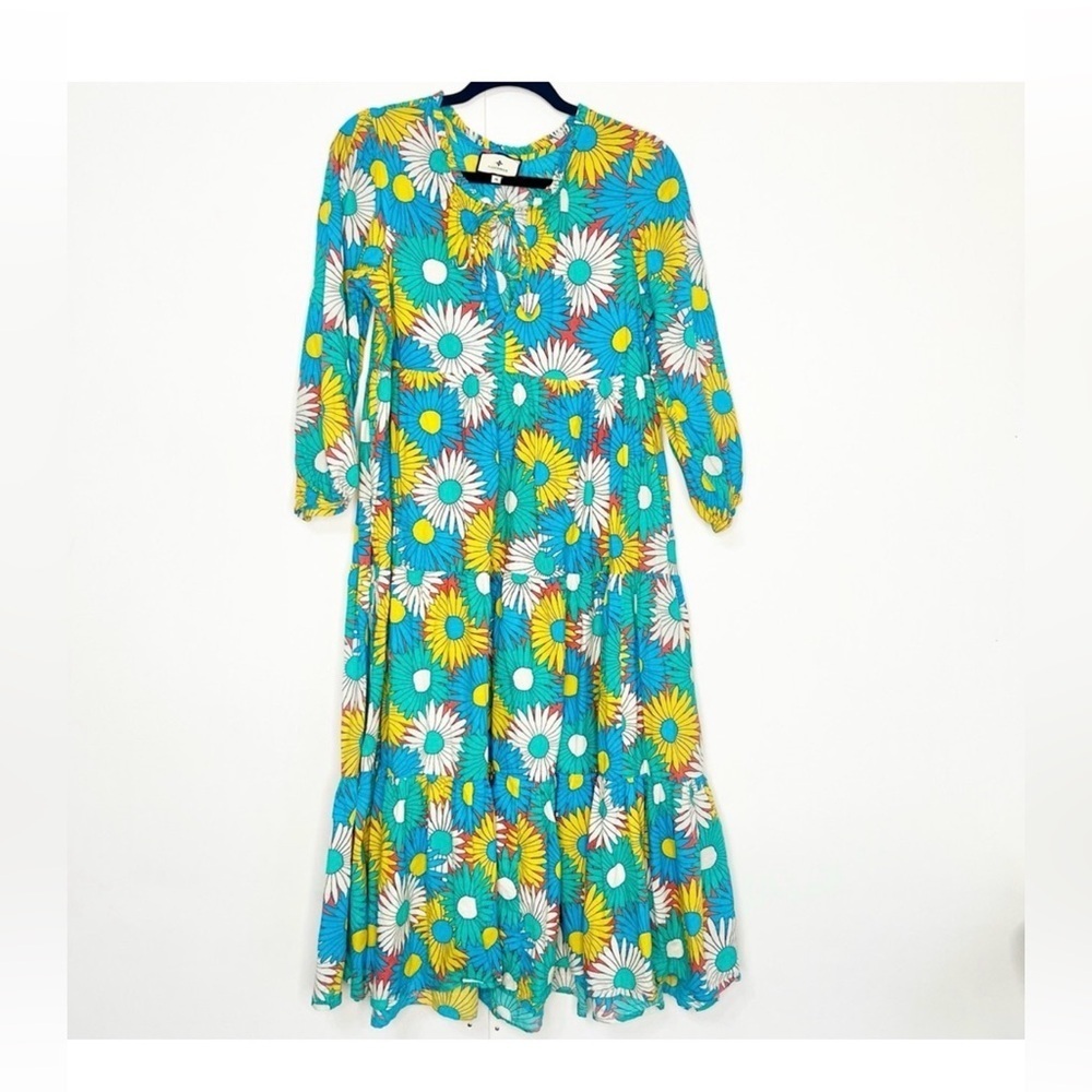 Tuckernuck Retro Daisy Caftan Dress S NWT Cotton Long Sleeve Tiered Boho Chic - Picture 2 of 6